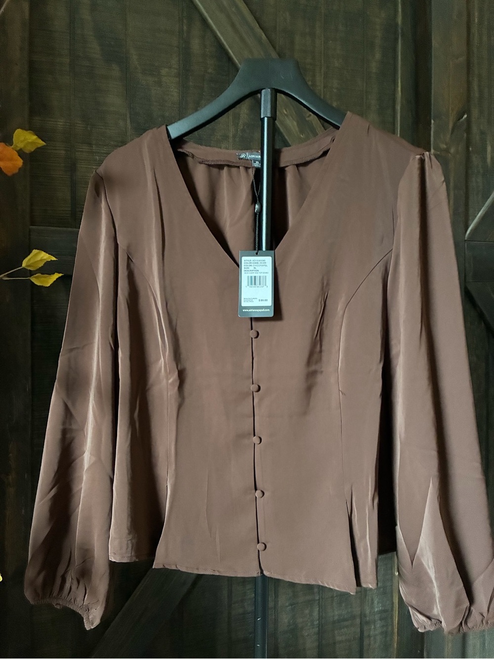 Adrianna Papell Chocolate Brown V-Neck Button Front Blouse pit 2 pit 22 L 23